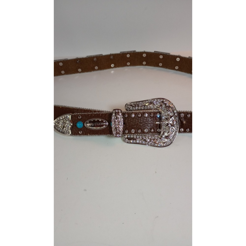 WB Atlas Brown Leather Blue Crystal Jeweled Western Belt Silver Buckle XL 48 - Picture 4 of 16